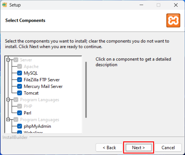 XAMPP Choose Components Step2