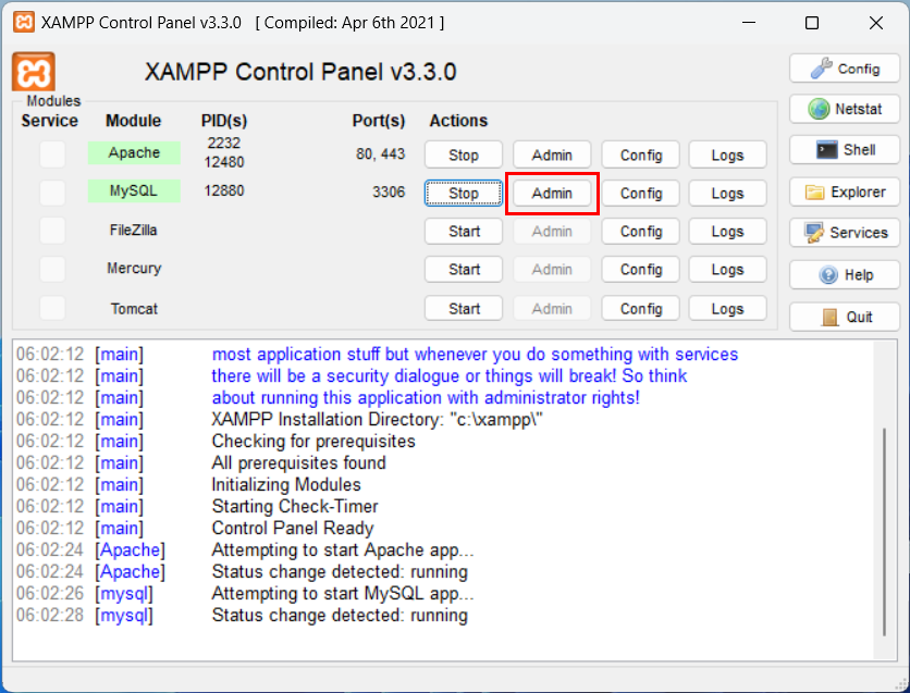 XAMPP Control Panel GUI