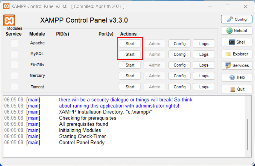 XAMPP Launch Xampp Control Panel Step8