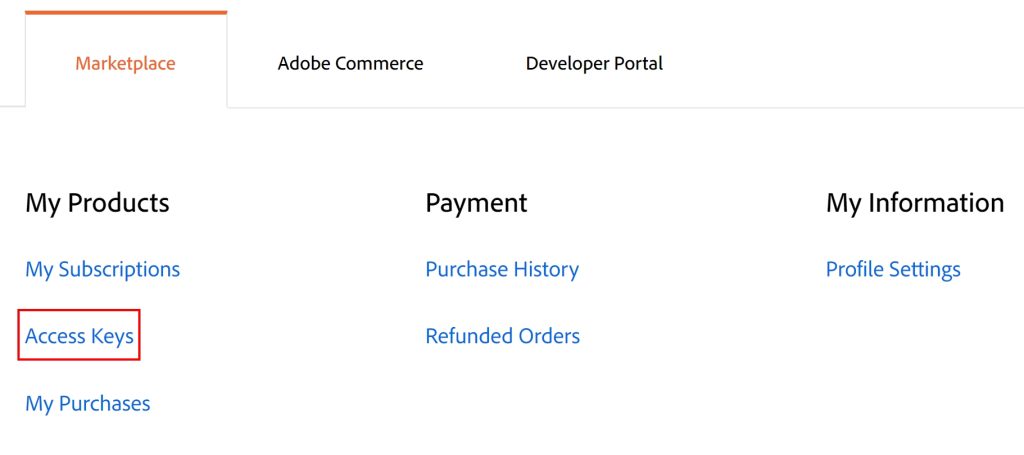 Commerce Market Place Access Keys